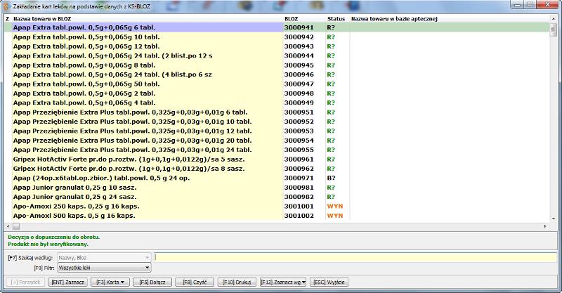 Rys. 54 Lista leków z bazy KS-BLOZ Następnie wyświetlona zostaje informacja z liczbą dołączonych towarów oraz potwierdzeniem wykonanej operacji (Rys. 55).