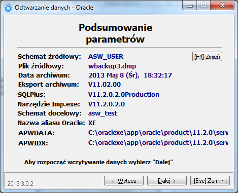 Rys. 12 Logowanie na konto SYSTEM Rys. 13 Pytanie o stworzenie bazy danych Po zatwierdzeniu uruchomiony zostaje program Orarest, tworzy on schemat bazy danych z pliku dostarczonego w programie.