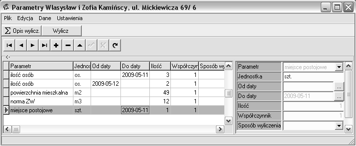 2.3.2 Parametry Parametry obiektów są to dane opisujące fizyczny stan lokalu np. powierzchnię, ilość osób, udział, różnego ro dzaju indywidualne normy ZW, CW, dodatki mieszkaniowe itp.