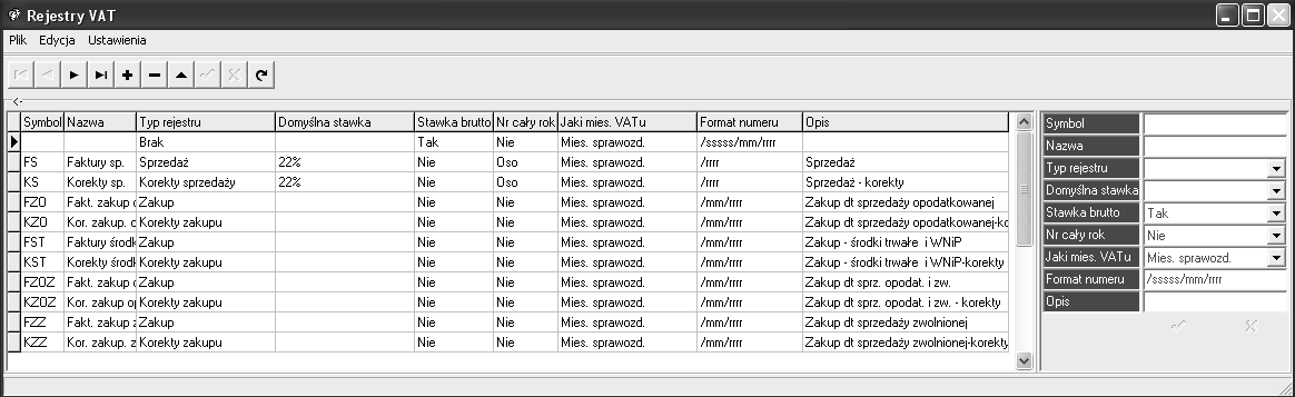 kie potrzebne nam stawki zamykamy te okno i wchodzimy w Słowniki->Rejestry VAT. Podobnie jak w stawkach mamy już zdefiniowane pewne dane.