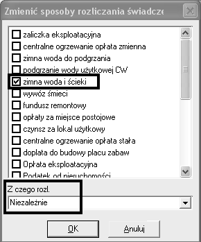 Teraz z listy sposobów liczenia musimy wybrać odpowiednią wartość. Przykładowo rozliczmy zimną wodę to sposób liczenia wybieramy Z wodomierza ZW i naciskamy OK.