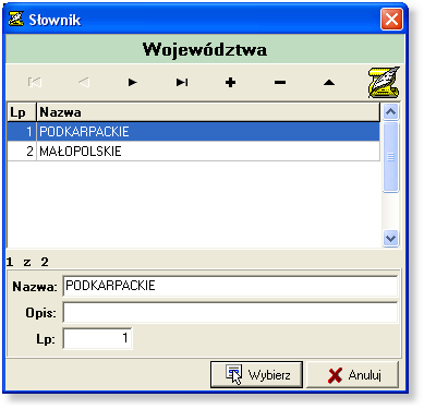 Jeżeli słownik wywołany jest w trybie, w którym użytkownik może dopisywać, usuwać i zmieniać dane widoczne są przyciski "+", "-" i "^" nawigatora danych.