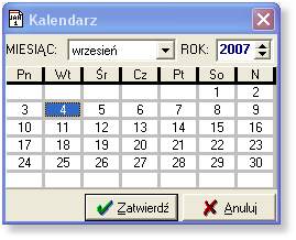 4.6. Kalendarz. Standardowe okienko do wyboru daty. Okienko to często wywoływane jest w programie gdy mamy do wyboru konkretną datę, np. w warunkach wyszukiwania za pomocą przycisku.