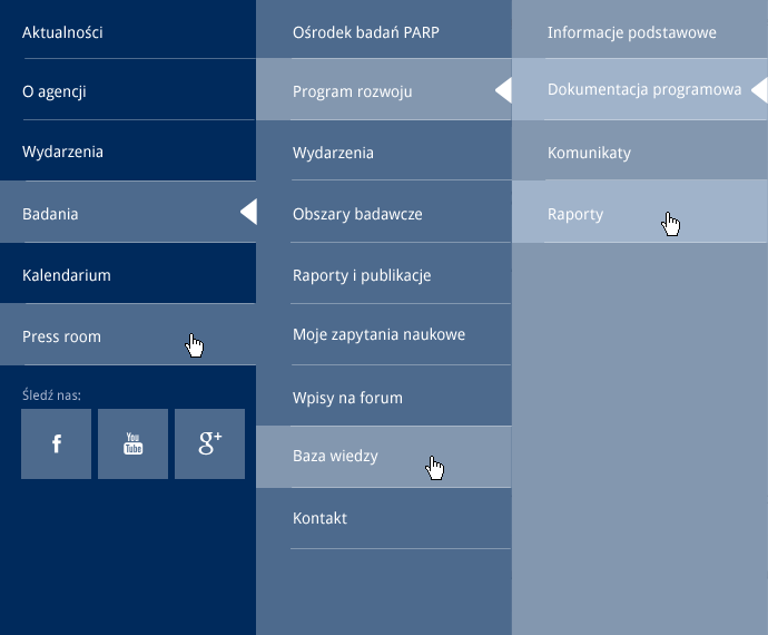 2. Serwis główny PARP Pasek nawigacji bocznej, menu pierwszego poziomu (zwinięte) Kolor tła: #002b5c Menu drugiego poziomu (rozwijane po najechaniu myszką) Kolor tła: #4D6A8D Menu trzeciego poziomu