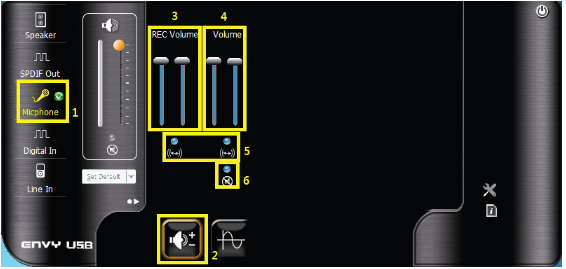 1. SPDIF Out: Ustawienia dla wyjścia cyfrowego. 2. Volume Control: Regulacja głośności dla wyjścia cyfrowego. 3. Regulatory głośności. 4. Regulacja głośności kanałów lewego i prawego razem lub osobno.