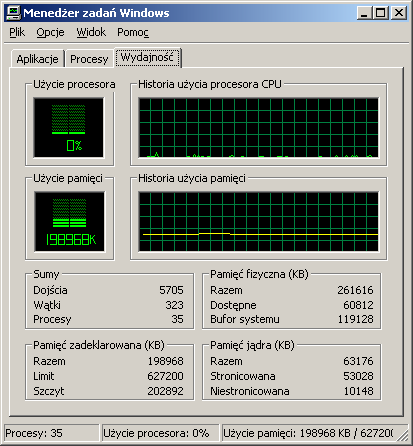 Rys. Na zakładce Wydajnośd wyświetlana jest szacunkowa wydajnośd komputera Dodatkowe opcje związane z zakładką Wydajnośd znajdują się w menu Widok i są to Historia procesora CPU, przydatna w