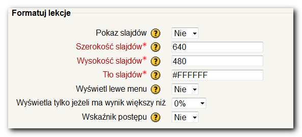 Ad d Formatuj lekcje Rysunek 14 - Ustawienia lekcji - "Formatuj lekcje" W tej sekcji użytkownik ma kilka opcji, które służą do zamieniania lekcji w pokaz slajdów, który pojawia się w osobnym oknie.