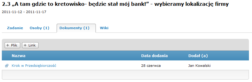 4.1.1.3 Dokumenty Zakładka Dokumenty zawiera listę dokumentów i adresów stron WWW dołączonych do zadania przez uczestników gry.