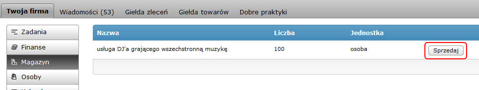 4.1.3 Magazyn Zakładka Magazyn zawiera listę towarów posiadanych przez firmę (kupionych wcześniej na Giełdzie towarów) wraz z określeniem możliwości ich sprzedaży.