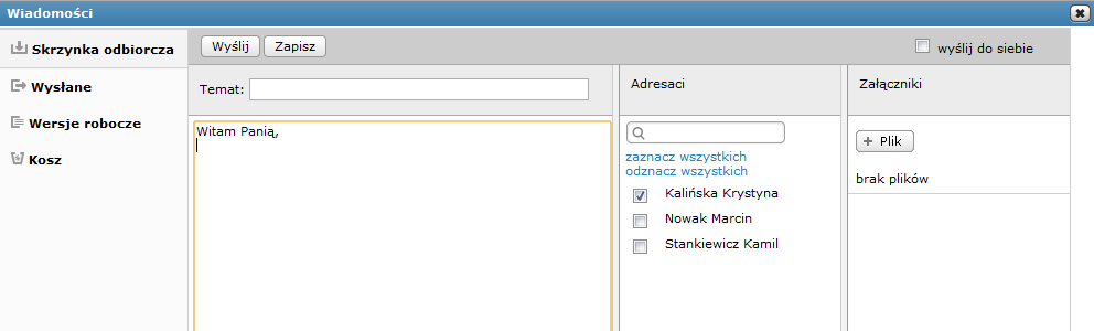 4.6. Poczta wewnętrzna System poczty wewnętrznej służy do komunikowania się pomiędzy użytkownikami platformy.