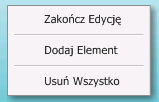 Nowy element na ekranie. Ponowne kliknięcie, otwiera okienko. Wybieramy Dodaj element. Miejsce w którym kliknęliśmy będzie miejscem położenia elementu. Można je później zmienić. Element położony.