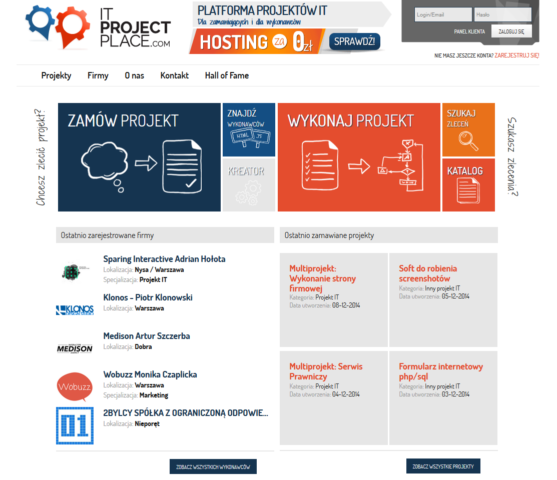Screen 1: strona główna platformy ITProjectPlace Dodanie nowego ogłoszenia, wiąże się w ITProjectPlace ze stworzeniem specyfikacji wymagań do projektu.