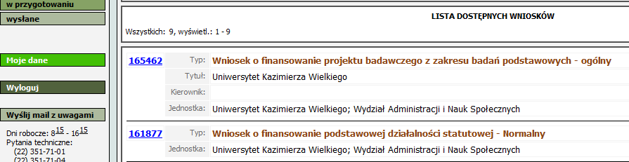 Obrazek 7. W poniższym przykładzie wniosek jest oczywiście jeszcze nie wypełniony do końca, stąd znaki zapytania w kolejnych rubrykach.