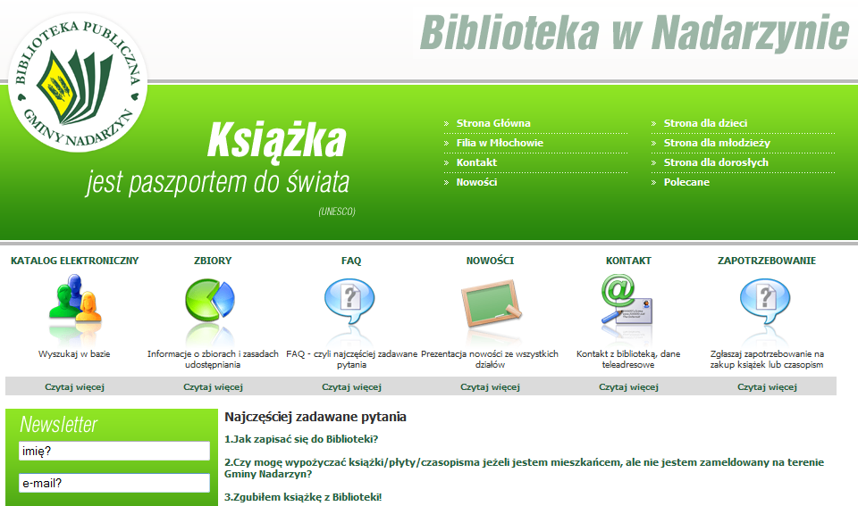 Nieklikalne logo i nazwa strony. 25 Biblioteka Publiczna Gminy Nadarzyn (http://biblioteka.nadarzyn.pl/) Obserwacja: Logo i nazwa (identyfikator) witryny są nieklikalne.