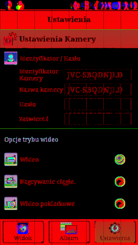 Ekran ustawień Możesz zmieniać ustawienia kamery. Camera settings ID/Password Date & Time Operation Sound Format SD Card Default Settings Zmienia ID kamery i hasło Ustawia czas.