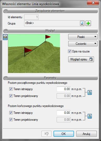 Wprowadzanie elementów terenu Edycja linii wysokościowej jest podobna do edycji punktów. Można zmienić wartości dla terenu istniejącego/projektowanego, przesunąć punkty linii i podzielić punkty. 11.3.