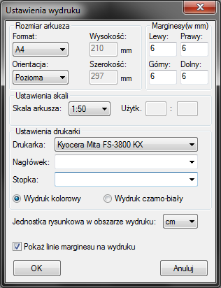 Formatowanie i drukowanie rysunków W obszarze Rozmiar arkusza definiowana jest wielkość kartki i jej orientacja.