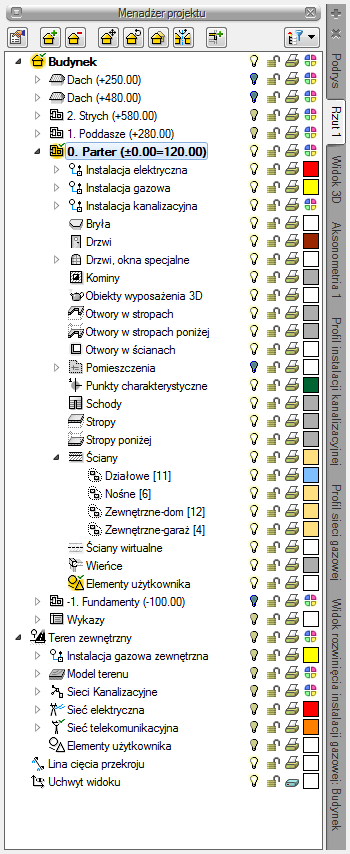 Rozpoczynamy pracę 3.1.6.1. Rzut Program ArCADia przedstawia projekt w widokach budynku lub budynków: rzutach, przekrojach, elewacjach.