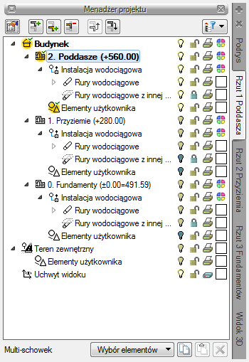 Rozpoczynamy pracę Po rozwinięciu drzewa i kondygnacji w Menadżerze projektu użytkownik będzie miał widoczną gałąź Instalacja wodociągowa. 3.1.6.2.