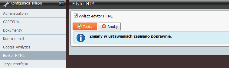 1.4 Wyłączanie edytora HTML W Comarch ERP e-sklep 7.9 umożliwiono wyłączenie edytora HTML w sklepie. W tym celu dodano w Panelu administracyjnym nowy obszar Edytor HTML.