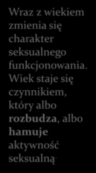 Wraz z wiekiem zmienia się charakter seksualnego funkcjonowania. Wiek staje się czynnikiem, który albo rozbudza, albo hamuje aktywność seksualną.