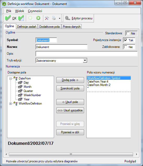 Rys. 15 Formularz definicji procesu Formularz na zakładce Ogólne zawiera zestaw pól: Symbol