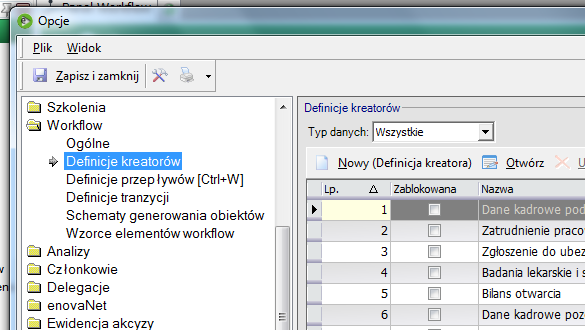 Potwierdzenie przez Zapisz i zakończ spowoduje zapis danych w bazie. Konfiguracja definicji kreatorów Standardowe kreatory dostępne są na licencji złotej modułów enova.