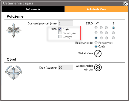 Po zaznaczeniu części, półfabrykatu i uchwytu ruch całego zespołu wokół stołu maszyny.