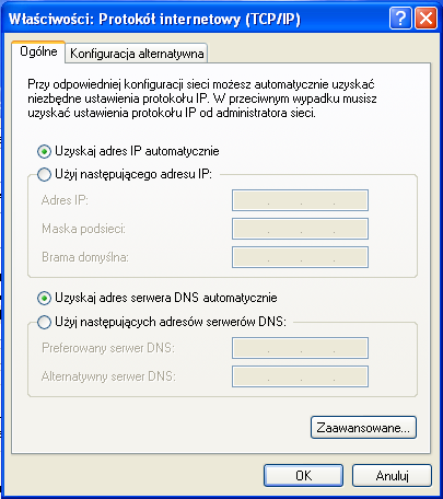 4. Skonfigurować w bieżącym komputerze ustawienia adresu IP oraz ustawienia serwera DNS w ten sposób, aby były one nadawane komputerowi automatycznie przez serwer (zastosować dynamiczne pozyskiwanie