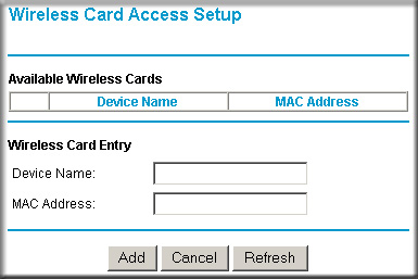 Konfiguracja dostępu kart bezprzewodowych Sekcję konfiguracji dostępu kart bezprzewodowych (Wireless Card Access Setup) wywołuje się poprzez kliknięcie Add w menu Wireless Access Card List, opisanym