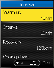 Rozpocznij jazdę. Treninig interwałowy Możesz stworzyć ćwiczenia interwałowe. 1. W menu Trening używając joysticka wybierz Interwał. 2.