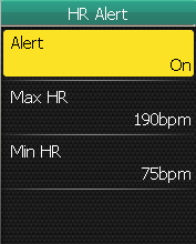 Alarm Alarm nada komunikat dzwiękowy beep i wyświetli powiadomienie jeśli: tętno przekroczy lub spadnie poniżej danego poziomu.
