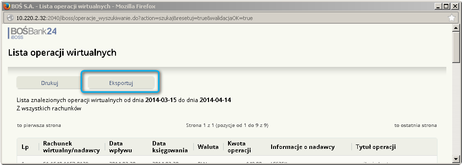 Opcja Eksportuj umożliwia wygenerowanie pliku zgodnie z formatem zdefiniowanym w opcji: Administracja > Parametry aplikacji ( xml, liniowy, elixir, pdf) 3.13.