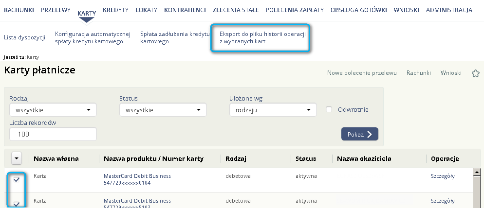 3.14 Eksport historii operacji kartowych Eksport historii operacji z wybranych kart jest dostępny w opcji: Karty > Eksport do pliku historii operacji z wybranych kart Eksport do pliku