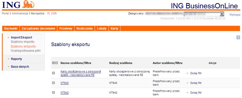 Konfiguracja systemów bankowych Strona 18 z 24 Eksport operacji w formacie MT942 Eksport operacji w formacie MT942 z systemu ING BusinessOnLine wykonuje się