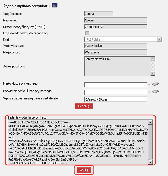 Rysunek 135 CHB System Certyfikaty Nowy (śądanie wydania certyfikatu) Generuj KROK 4. KROK 5. Wyślij (po naciśnięciu przycisku bankowego Ŝądanie wydania certyfikatu).