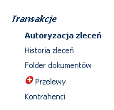 Rysunek 43 CHB Lewe menu Transakcje Autoryzacja zleceń Historia zleceń Folder dokumentów Przelewy Kontrahenci opisane szczegółowo poniŝej. 2.1.