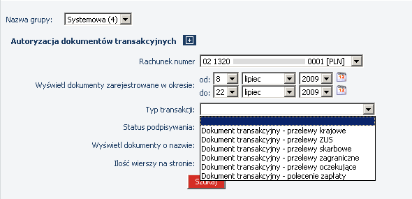 Rysunek 47 CHB Transakcje Autoryzacja zleceń Wyświetl dokumenty zarejestrowane w okresie Numer rachunki KROK 3. dokumentów.