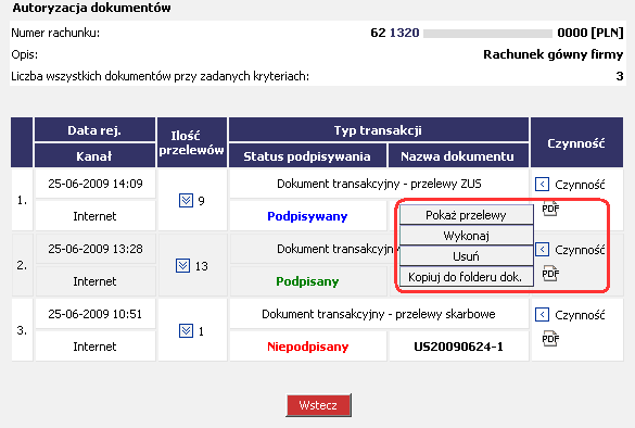 Rysunek 53 CHB Transakcje Autoryzacja zleceń (Autoryzacja dokumentów) Szukaj Czynność (menu rozwijane 2.) 2.1.