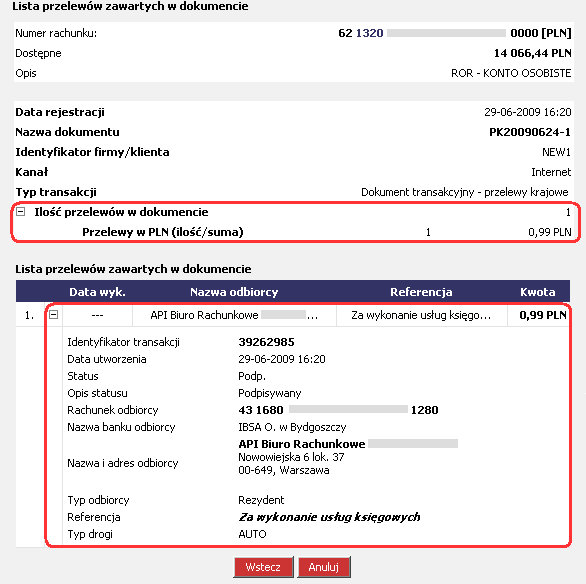 Rysunek 55 CHB Transakcje Autoryzacja zleceń (Autoryzacja dokumentów) PokaŜ przelewy (Lista przelewów zawartych w dokumencie stan aktualny) Ilość przelewów w dokumencie i