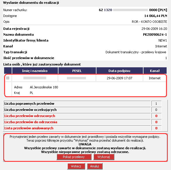 Rysunek 69 CHB Transakcje Autoryzacja zleceń Wykonaj (Wysyłanie dokumentu do autoryzacji) Dostępne klawisze