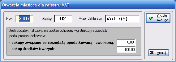 34 6. Rejestry VAT Przystępując do pracy z rejestrami VAT w pierwszej kolejności naleŝy otworzyć miesiąc dla rejestrów.