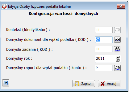 Każdy z kontekstów ma odrębnie zdefiniowany zestaw wartości domyślnych : - Domyślny dokument dla wpłaty podatku (zwyczajowo PO lub KP) - Domyślne zadania dla wpłaty podatku (oddzielnie dla każdego