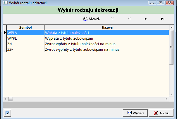 Jeżeli kontrahent chce dokonać wpłaty na jeden lub więcej dekretów znajdujących się na liście wystarczy zaznaczyć je klikając w odpowiedni kwadrat po lewej stronie, a następnie wybrać klawisz Wybierz