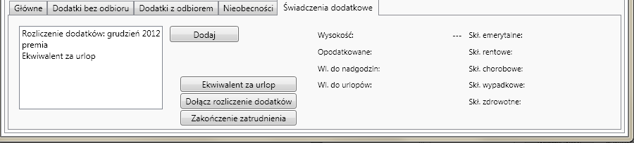 28 Dodatki z odbiorem W tej zakładce wyświetlane są sumy czasów dodatków odbieranych, czyli szczegóły wykonanego odbioru dyżurów i nadgodzin.