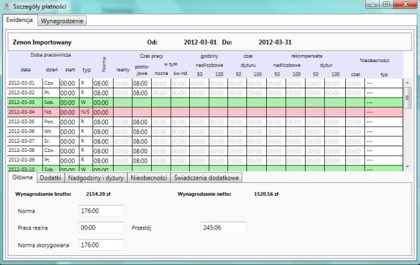 71 W zależności od rodzaju płatności informacje wyświetlane w Szczegółach są trochę inne: dla umowy o pracę: Pojawi się okno Szczegóły płatności w którym możemy zobaczyć odpowiednik kart Ewidencja i