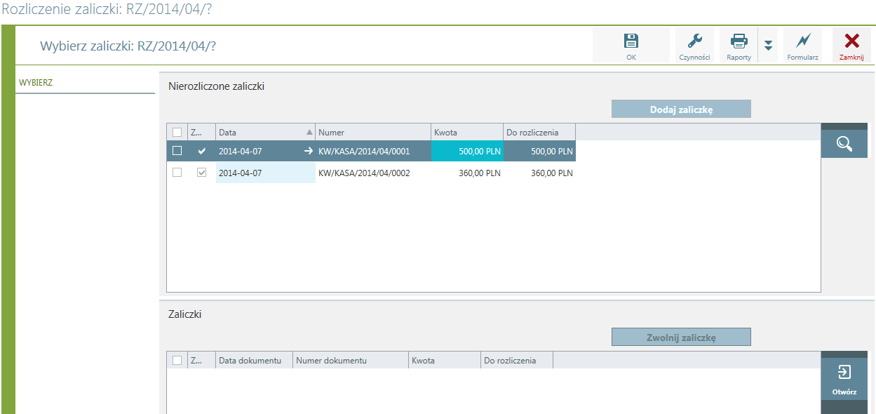Rozliczenie zaliczki Należy wprowadzić opis i kliknąć na czynność Wybierz zaliczki. Pojawi się okno, w którym będzie znajdowała się zaliczka należy z górnej części dokumentu dodać wybraną zaliczkę.
