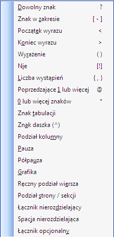 15. Mechanizm zamiany w MS Word Narzędzie zamiany (Ctrl+H) umożliwia zamianę: Sekwencji znaków Formatowań Znaków specjalnych 15.1. Zamiana sekwencji znaków Do znajdowanie/zamiany sekwencji znaków można użyć symboli wieloznacznych po włączeniu odpowiedniej opcji w oknie wyszukiwania/zamiany: Dowolny pojedynczy znak:?