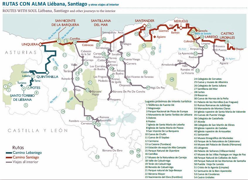 Mapa Kantabrii z zaznaczonymi głównymi szlakami turystycznymi oraz trasą Camino del Norte i Camino Lebaniego. źródło: http://www.clubcalidadcantabriainfinita.es/pdf/rutas%20con%20alma.