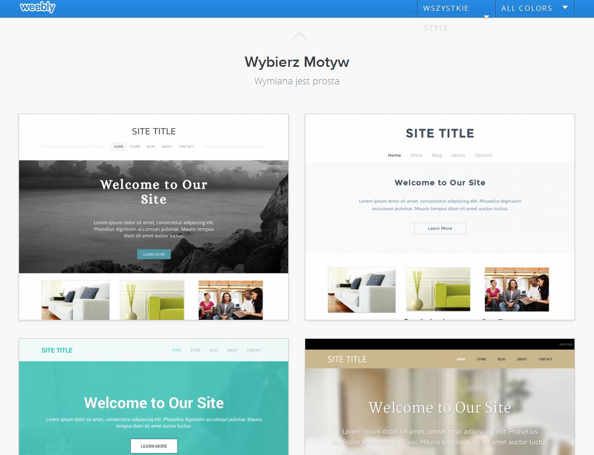 Po wyborze Witryny klikamy w jeden z zaproponowanych szablonów (niektóre posiadają dodatkowe wersje kolorystyczne), wśród których przewidziano motywy związane z różnego rodzaju zainteresowaniami,